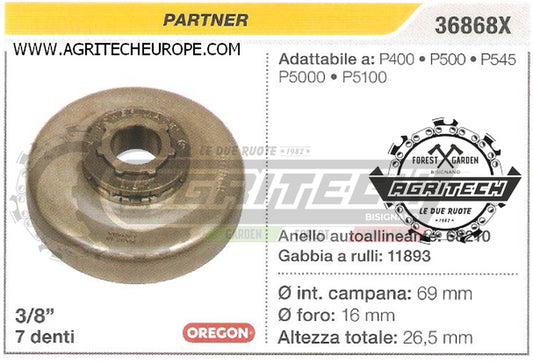 36868X OREGON PIGNONE CAMPANA FRIZIONE MOTOSEGA PARTNER P400 P500 3/8" 7 DENTI
