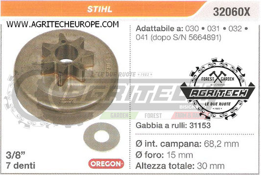 32060X OREGON PIGNONE CAMPANA FRIZIONE MOTOSEGA STIHL 030 031 032 3/8" 7 DENTI