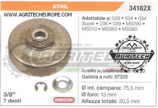 34162X OREGON PIGNONE CAMPANA FRIZIONE MOTOSEGA STIHL MS390 MS360 3/8" 7 DENTI