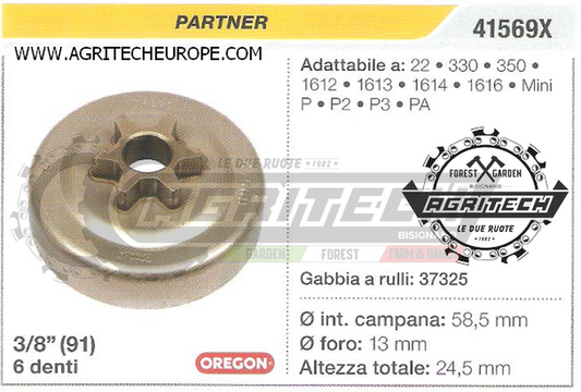 41569X PIGNONE CAMPANA FRIZIONE MOTOSEGA PARTNER 1612 1613 3/8" 6 DENTI