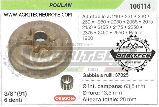 106114  PIGNONE CAMPANA FRIZIONE MOTOSEGA POULAN PATRIOT 3/8" 6 DENTI