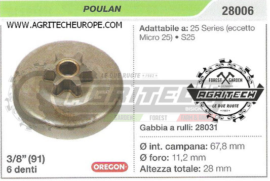 28006 OREGON PIGNONE CAMPANA FRIZIONE MOTOSEGA POULAN S25 3/8" 6 DENTI