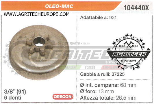 104440X OREGON PIGNONE CAMPANA FRIZIONE MOTOSEGA OLEO-MAC 931 3/8" 6 DENTI