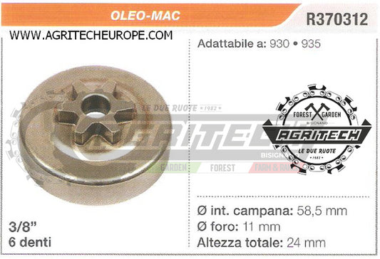 R370312 OREGON PIGNONE CAMPANA FRIZIONE MOTOSEGA OLEO-MAC 930 935 3/8" 6 DENTI