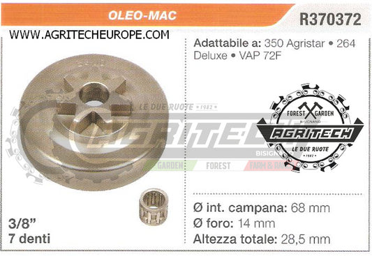 R370372 OREGON PIGNONE CAMPANA FRIZIONE MOTOSEGA OLEO-MAC VAP 72F 3/8" 7 DENTI