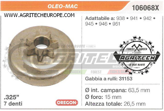 106068X PIGNONE CAMPANA FRIZIONE MOTOSEGA OLEO-MAC 942 945 .325" 7 DENTI