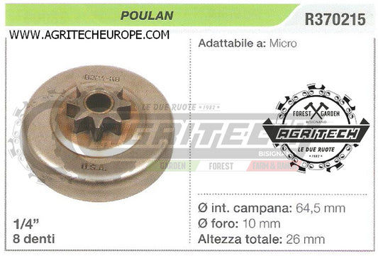 R370215 OREGON PIGNONE CAMPANA FRIZIONE MOTOSEGA POULAN MICRO 1/4" 8 DENTI