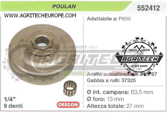 552412 OREGON PIGNONE CAMPANA FRIZIONE MOTOSEGA POULAN P600 1/4" 9 DENTI