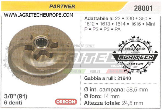 28001 OREGON PIGNONE CAMPANA FRIZIONE MOTOSEGA PARTNER MINI P P2 P3 3/8" 6 DENTI