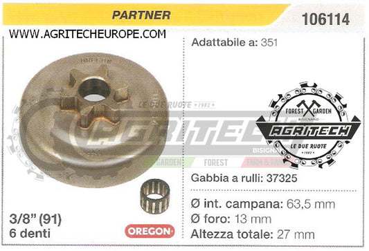 106114 PIGNONE CAMPANA FRIZIONE MOTOSEGA PARTNER 351 3/8" 6 DENTI