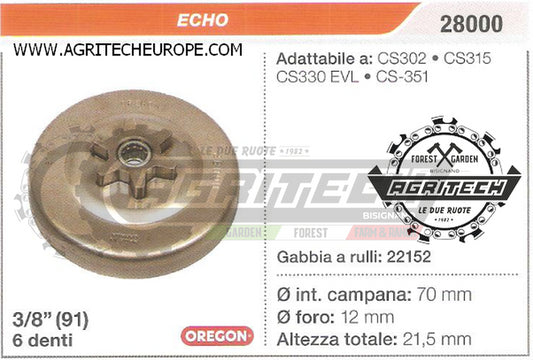 28000 OREGON PIGNONE CAMPANA FRIZIONE MOTOSEGA ECHO CS330 EVL 3/8 6 DENTI