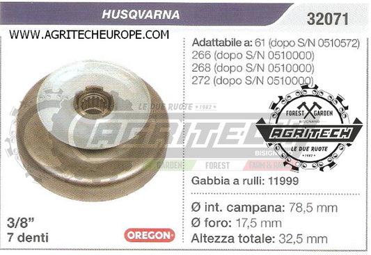 32071 PIGNONE CAMPANA FRIZIONE MOTOSEGA HUSQVARNA 272  3/8 7 DENTI