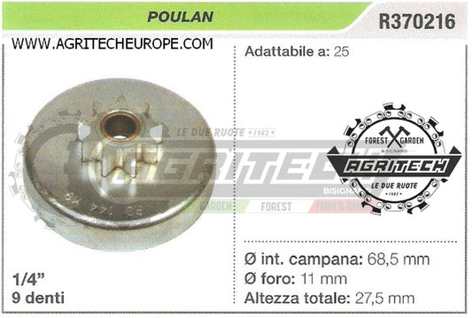 R370216 OREGON PIGNONE CAMPANA FRIZIONE MOTOSEGA POULAN 25 1/4" 9 DENTI