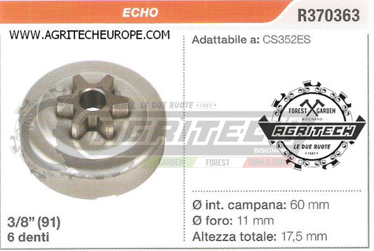 R370363 OREGON PIGNONE CAMPANA FRIZIONE MOTOSEGA ECHO CS352ES 3/8" 6 DENTI