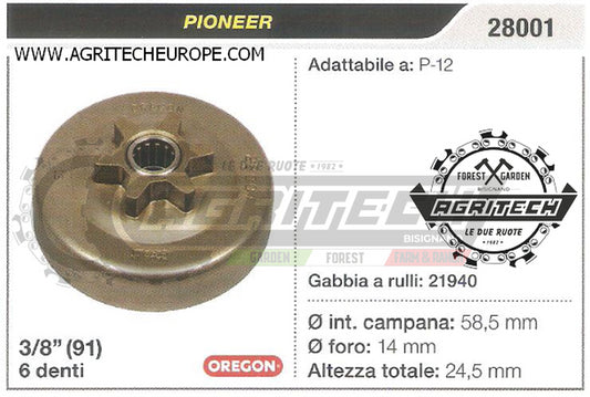 28001 OREGON PIGNONE CAMPANA FRIZIONE MOTOSEGA PIONEER P-12 3/8" 6 DENTI