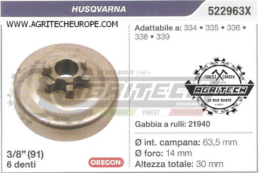 522963X OREGON PIGNONE CAMPANA FRIZIONE MOTOSEGA HUSQVARNA 334 335  3/8" 6 DENTI