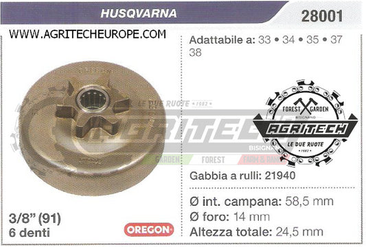 28001 OREGON PIGNONE CAMPANA FRIZIONE MOTOSEGA HUSQVARNA 33 34 35  3/8" 6 DENTI
