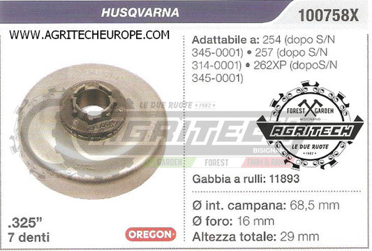 100758X PIGNONE CAMPANA FRIZIONE MOTOSEGA HUSQVARNA 262XP .325" 7 DENTI