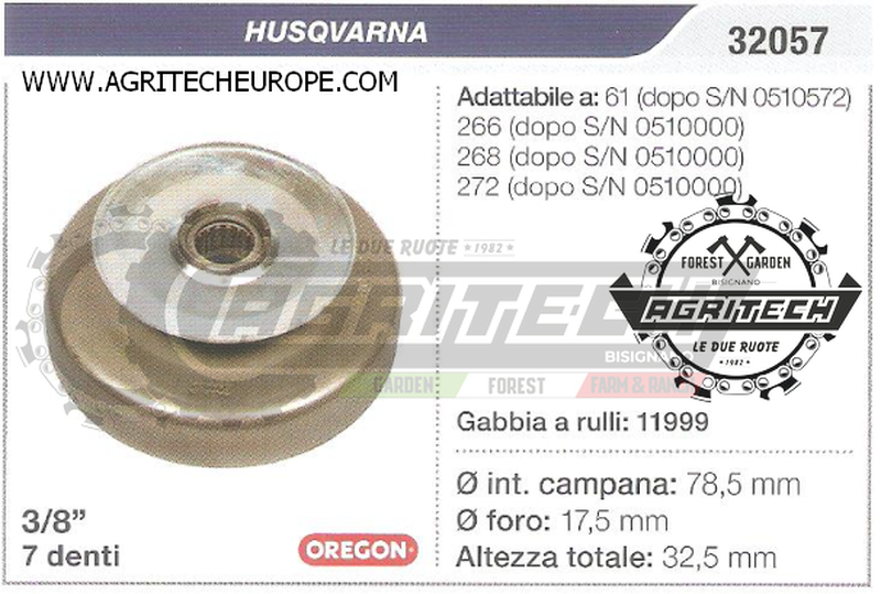 32057 PIGNONE CAMPANA FRIZIONE MOTOSEGA HUSQVARNA 272 268 3/8" 7 DENTI