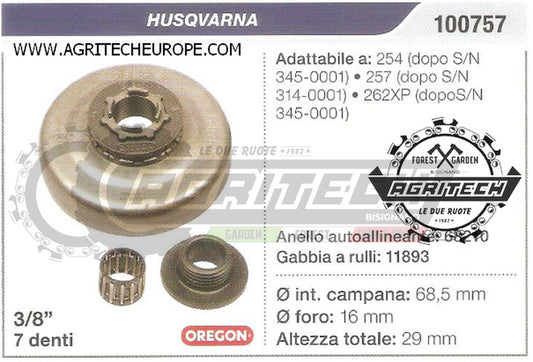 100757 OREGON PIGNONE CAMPANA FRIZIONE MOTOSEGA HUSQVARNA 254 257 3/8" 7 DENTI