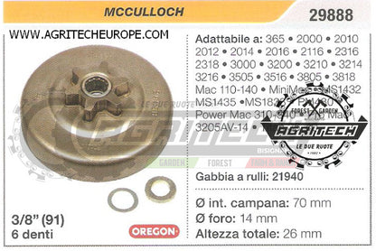 29888 PIGNONE CAMPANA FRIZIONE MOTOSEGA MCCULLOCH 2116 2316  3/8" 6 DENTI