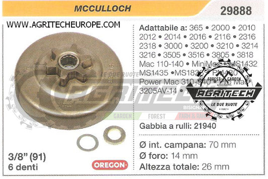 29888 PIGNONE CAMPANA FRIZIONE MOTOSEGA MCCULLOCH 2116 2316  3/8" 6 DENTI