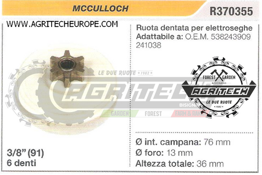 538243909 OREGON PIGNONE MOTOSEGA MCCULLOCH RUOTA DENTATA 241038 3/8" 6 DENTI