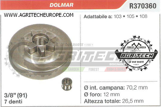 R370360 OREGON PIGNONE CAMPANA FRIZIONE MOTOSEGA DOLMAR 108   3/8" 7 DENTI