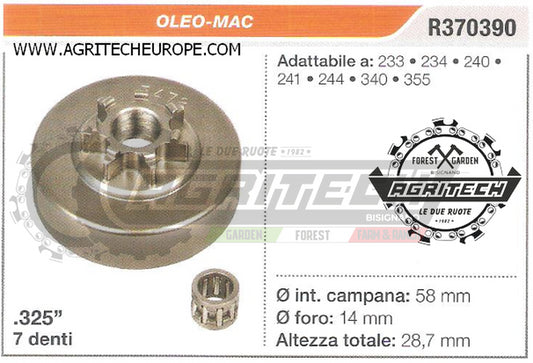 R370390 OREGON PIGNONE CAMPANA FRIZIONE MOTOSEGA OLEO-MAC 244 340 .325" 7 DENTI
