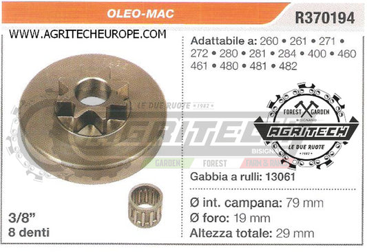 R370194 OREGON PIGNONE CAMPANA FRIZIONE MOTOSEGA OLEO-MAC 260 261 3/8" 8 DENTI