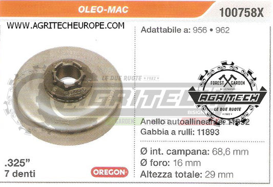 100758X PIGNONE CAMPANA FRIZIONE MOTOSEGA OLEO-MAC 956 962 .325" 7 DENTI