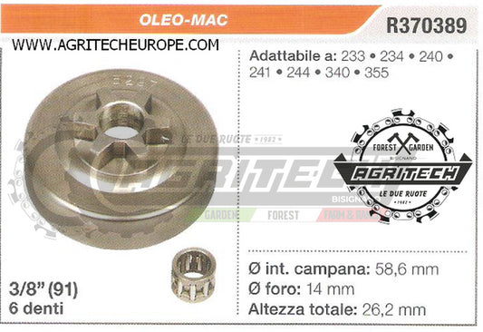R370389 OREGON PIGNONE CAMPANA FRIZIONE MOTOSEGA OLEO-MAC 233 234 3/8" 6 DENTI