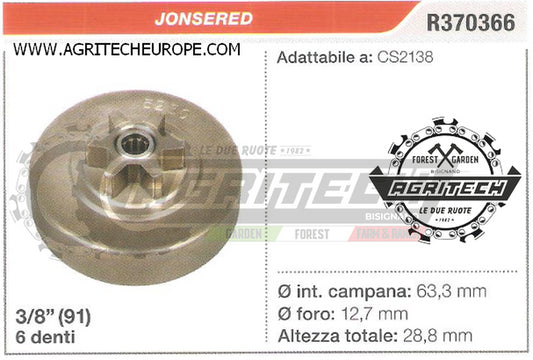 R370366 OREGON PIGNONE CAMPANA FRIZIONE MOTOSEGA JONSERED CS2138 3/8" 6 DENTI