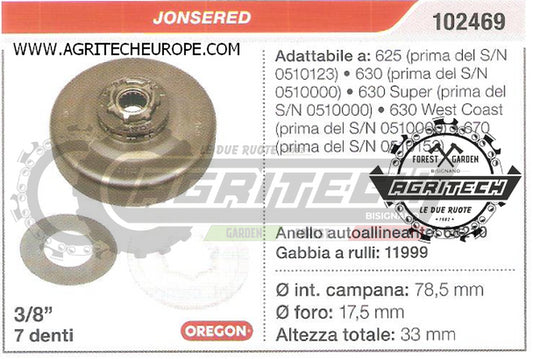 102469 OREGON PIGNONE CAMPANA FRIZIONE MOTOSEGA JONSERED 630 625 3/8" 7 DENTI