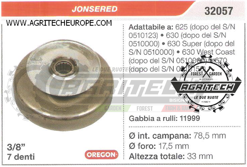 32057 PIGNONE CAMPANA FRIZIONE MOTOSEGA JONSERED 670 3/8" 7 DENTI