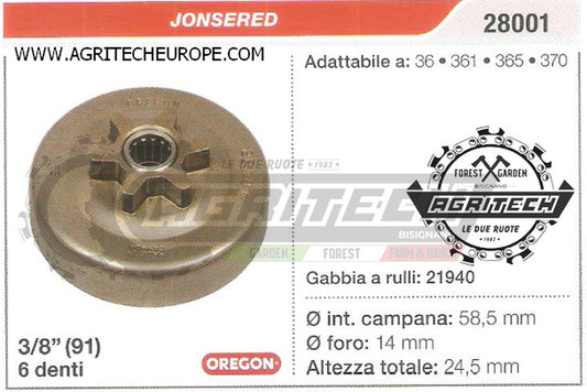 28001 OREGON PIGNONE CAMPANA FRIZIONE MOTOSEGA JONSERED 36 361 365 3/8" 6 DENTI