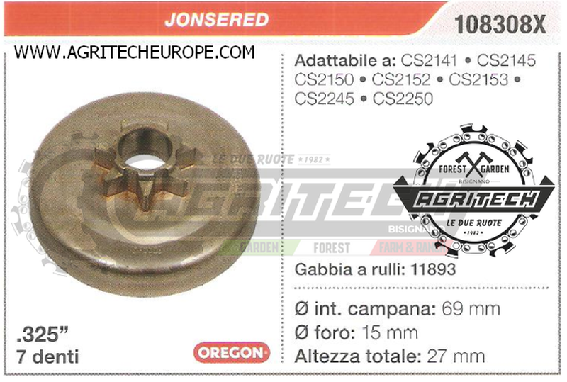 108308X OREGON PIGNONE CAMPANA FRIZIONE MOTOSEGA JONSERED CS2150 .325" 7 DENTI