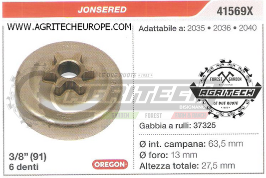 41569X PIGNONE CAMPANA FRIZIONE MOTOSEGA JONSERED 2035 2036 3/8" 6 DENTI
