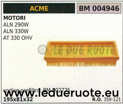 359121 FILTRO ARIA COMPLETO MOTORE ACME ALN 290W 330W AT 330 OHV 195x81x32