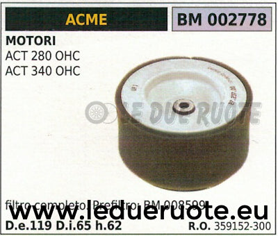 359152300 FILTRO ARIA COMPLETO MOTORE ACME ACT 280 340 OHC Ø119 Ø65 H62