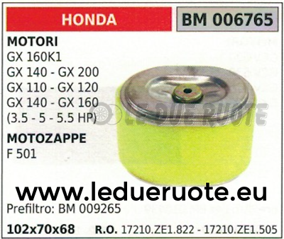 17210ZE1505 FILTRO ARIA MOTORE HONDA GX 160K1 140 200 110 120 140 160 102x70x68