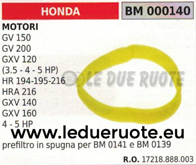 17218888003 SPUGNA FILTRO ARIA MOTORE HONDA HRA 216 GXV 140 160 3.5 4 5 HP