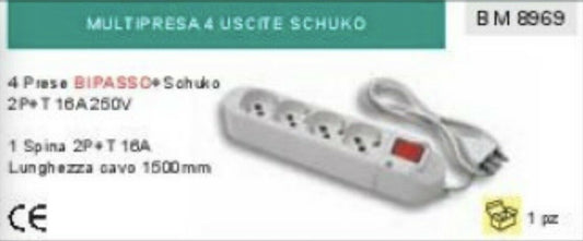 MULTIPRESA ciabatta STANDARD 4 PRESE schuko BIPASSO 250V 16A CAVO 150cm CEE