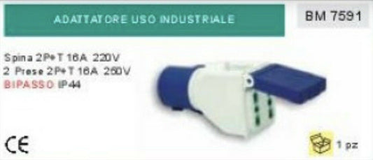 ADATTATORE INDUSTRIALE SPINA 2P+T 220V 2 PRESE 220V 16A CEE BIPASSO IP44
