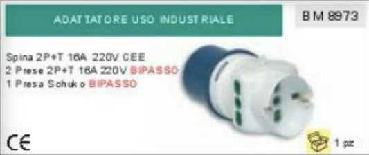 ADATTATORE INDUSTRIALE SPINA 2P+T 220V 2 PRESE + SCHUKO 16A BIPASSO CEE