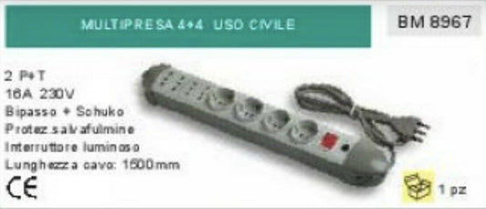 MULTIPRESA ciabatta 8 PRESE + SCHUKO protezione SALVAFULMINE CAVO 150cm