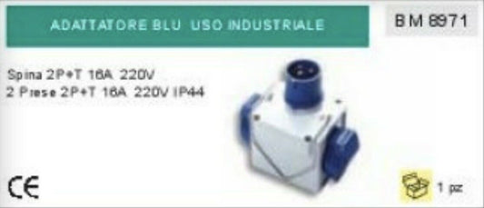 ADATTATORE INDUSTRIALE SPINA 2P+T 220V 2 PRESE 220V 16A CEE BIPASSO IP44 PROFESS