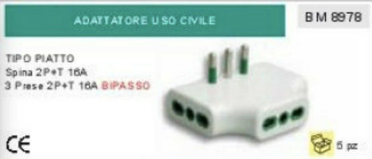 ADATTATORE DOPPIA PRESA PIATTO 2P+T 10A CEE 1 SPINA + 3 PRESE BIPASSO tripla