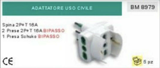 ADATTATORE DOPPIA PRESA SCHUKO 2P+T 10A CEE + 2 PRESE BIPASSO spina spine