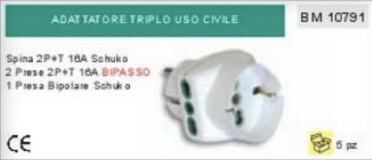 ADATTATORE DOPPIA PRESA SCHUKO BIPOLARE + 2 PRESE BIPASSO 2P+T 16A CEE spina